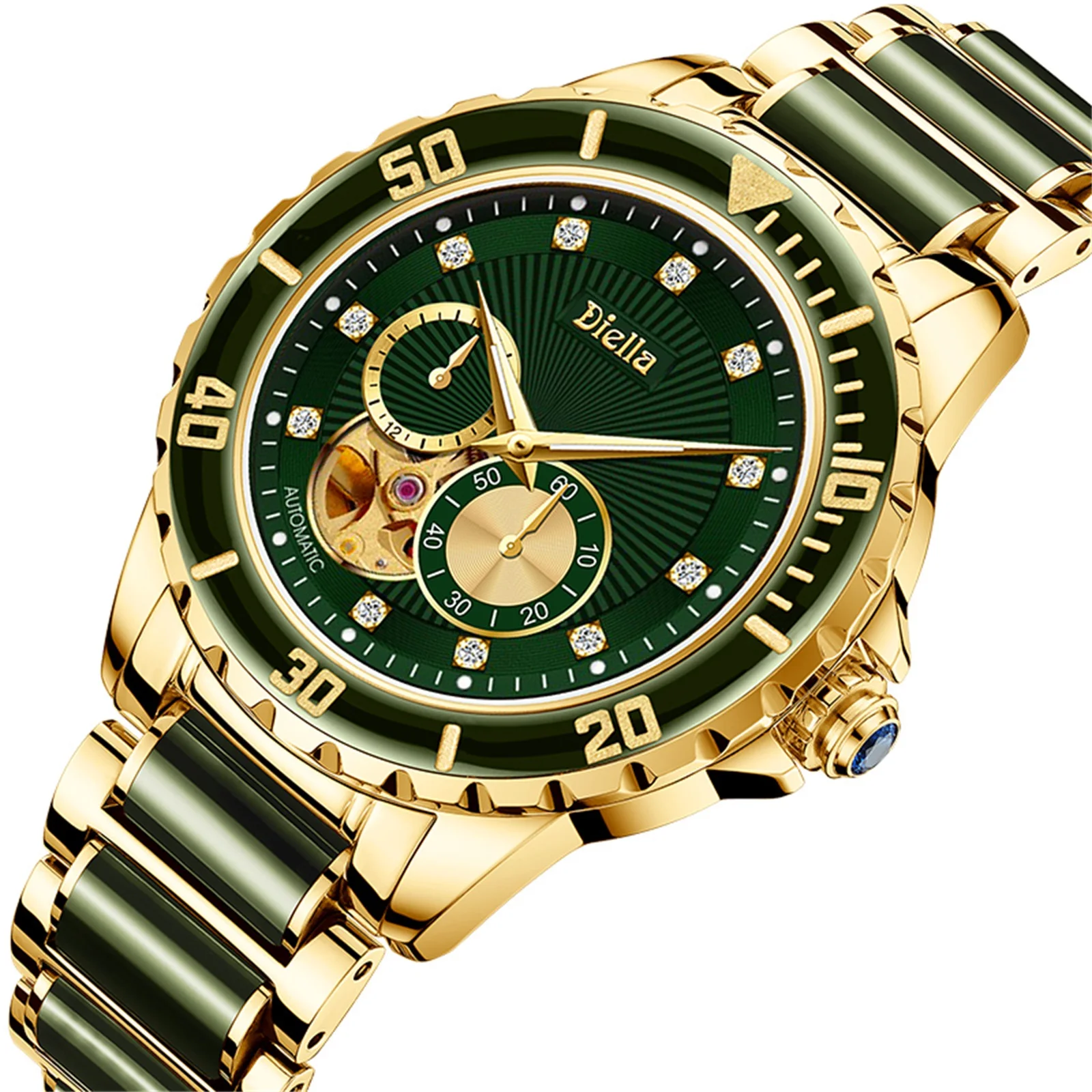 

Diellea Men's Mechanical Automatic Jade Gold watch hollow business luxury Sapphire Diamon Couple Pair Watch 6025