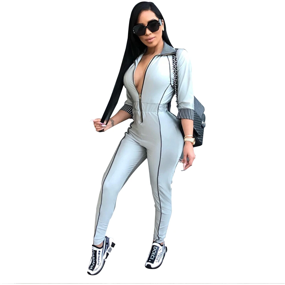 

Autumn Winter Tight Long Sleeve Pants Deep V Neck Half Zipper Sexy Rompers Womens Jumpsuit