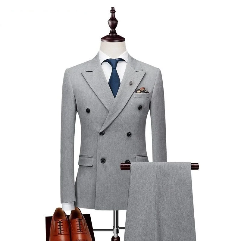 

High Quality Double Breasted Men Suits Grey White 2 Pieces Cheap Suits For Men Blazer Man, Same as picture/custom made
