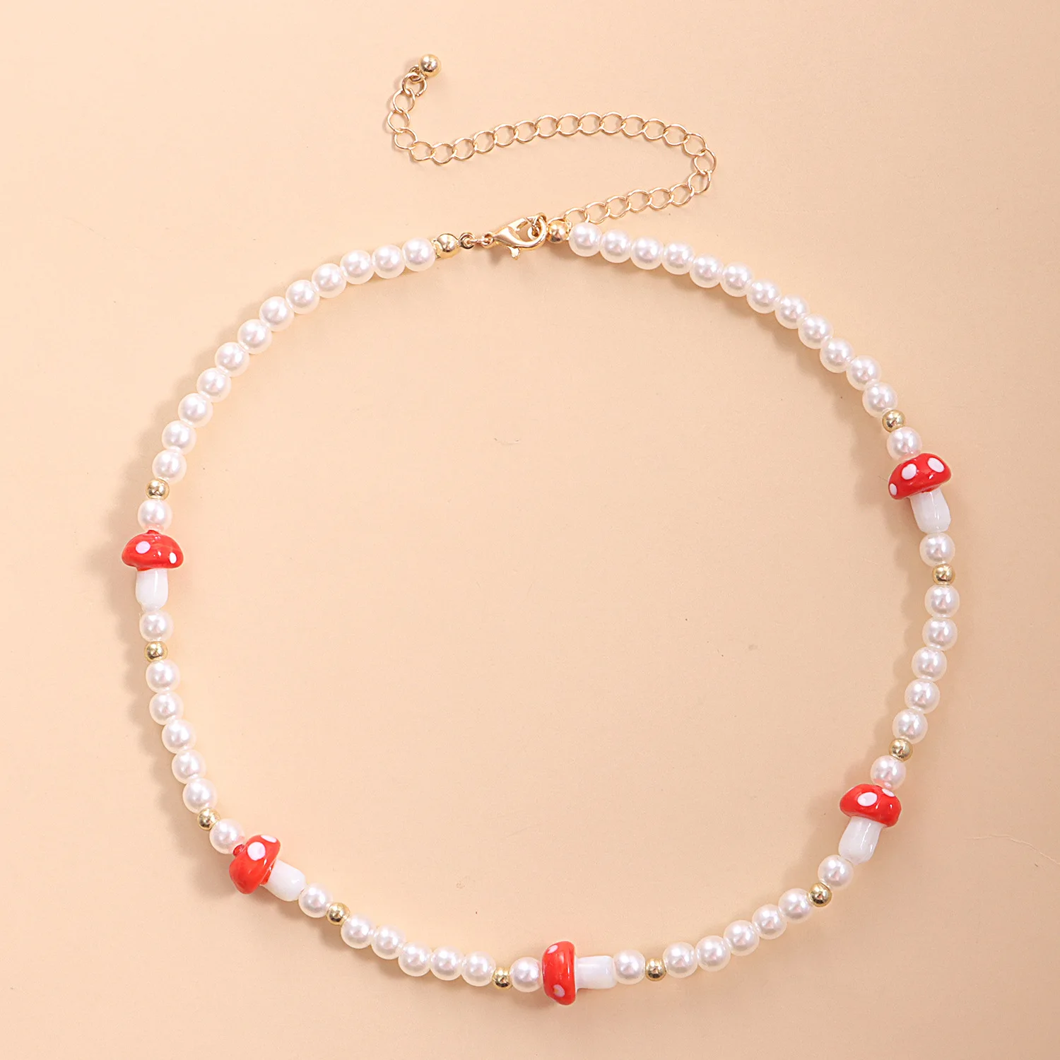 

Bohemian White Pearl Chain Handmade Jewelry For Women Summer Cute Ladies Jewelry Gift Red Mushroom Beaded Choker Necklace, Picture shows