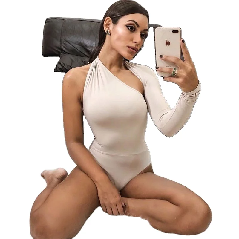 

Female Sexy One Shoulder Long Sleeve Bodysuit For Women Fashion Bodysuit Yoga Suit Sport jumpsuit, Apricot, white, black, red, pink