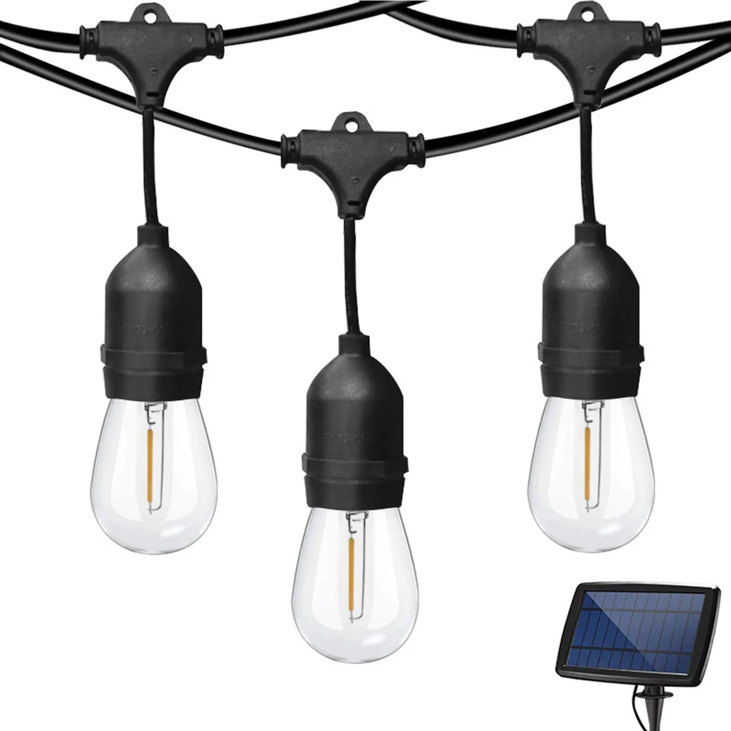 

48FT S14 Waterproof Patio Lights Outdoor 15 LED Shatterproof S14 Edison Bulbs Heavy Duty Hanging Solar Power Bulb String Lights