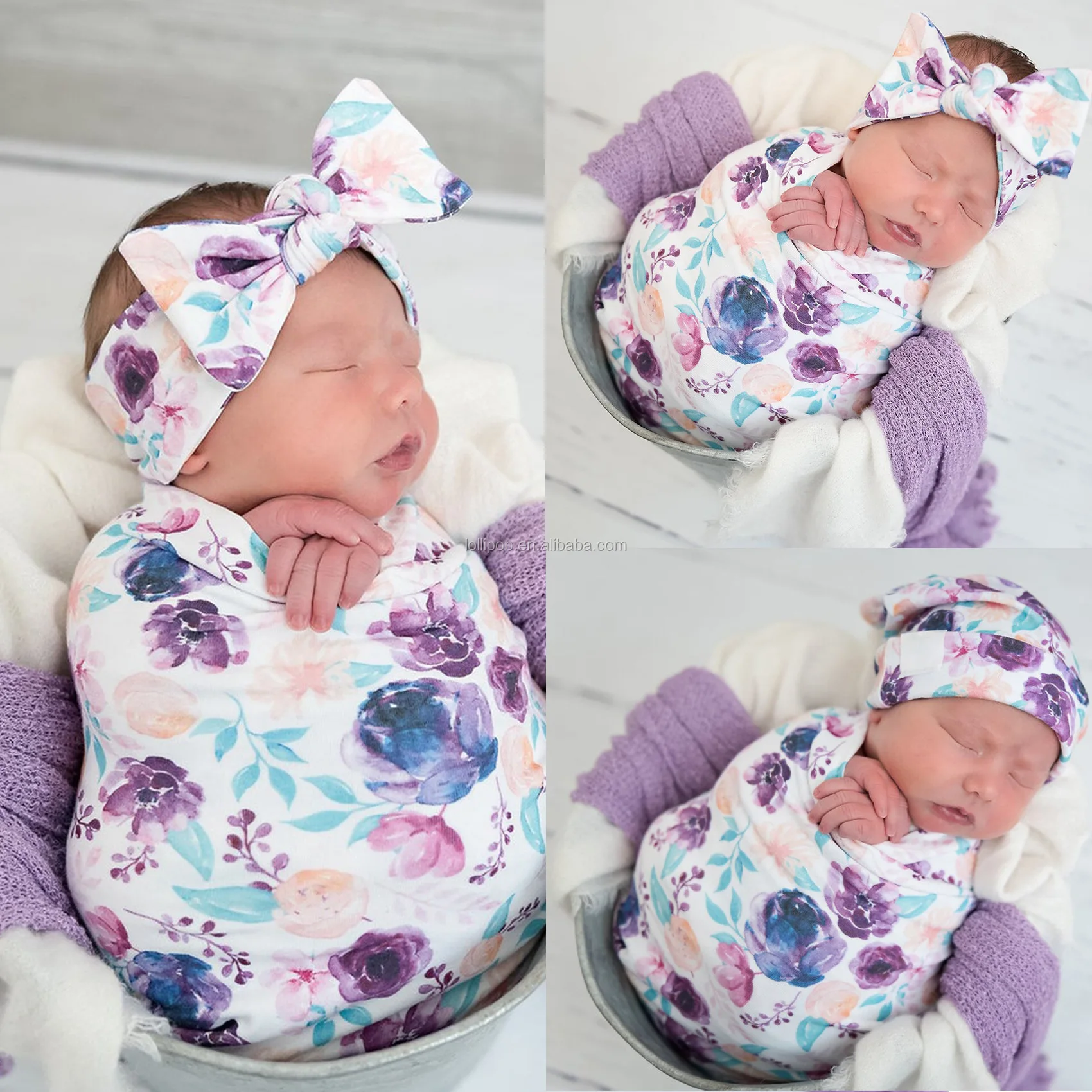 Little Jump 3 Sets Nerborn Receiving Blanket and Headband Set Flower Print Baby Swaddle Wrap Floral Baby Blankets for Girls and Boys.… Receiving Blankets & Hats 