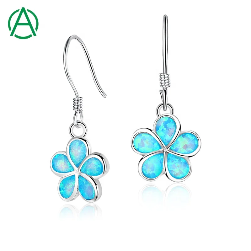 

ArthurGem Beautiful Hawaiian Plumeria Flower Earrings S925 Sterling Silver Blue Opal Flower Drop Earrings for Women Girls