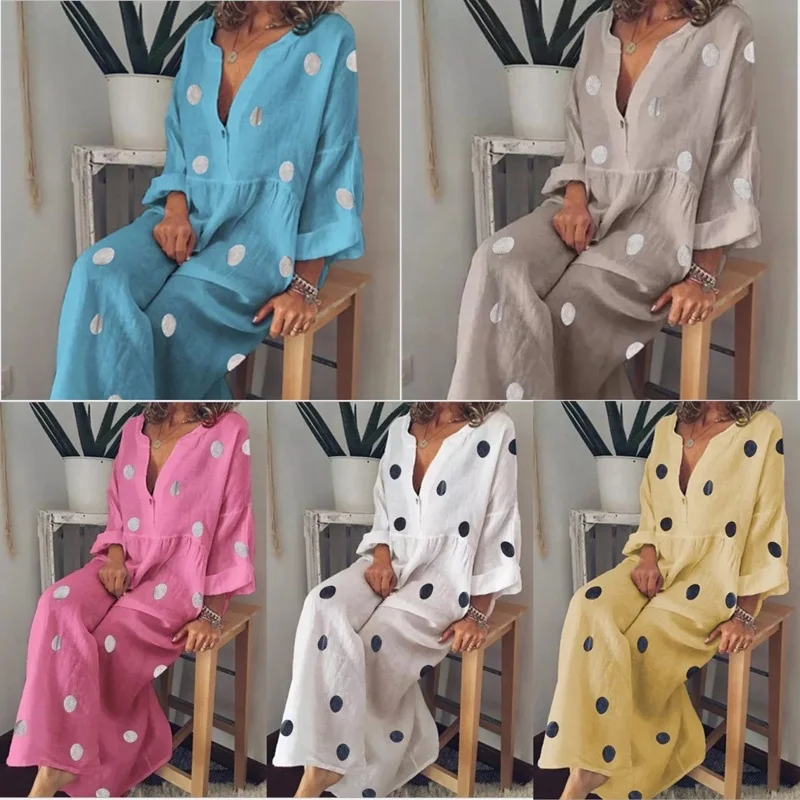 

plus size 5xl 4xl 3xl 2019 New Fashion Women Low-cut Buttons Long Sleeve Polka Dot Pullovers Dress