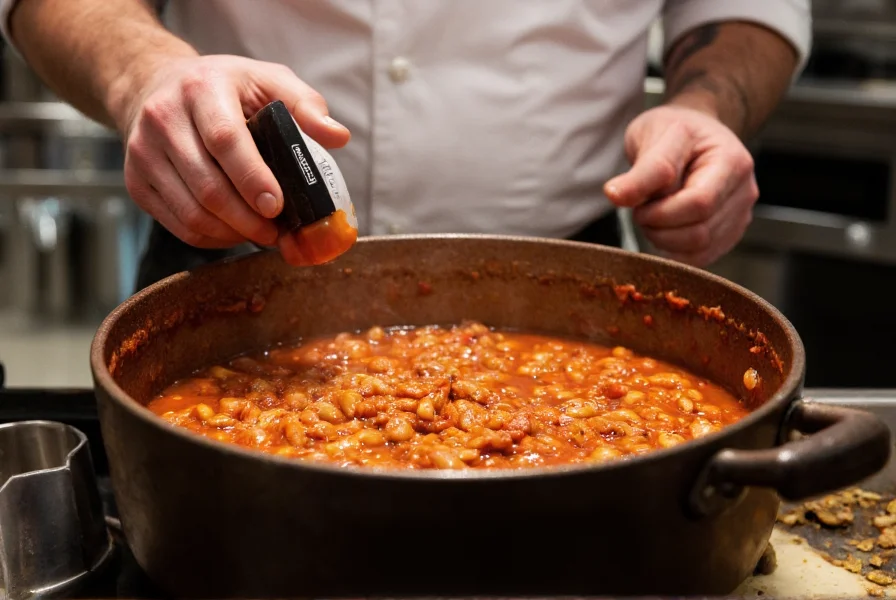 Close-up of professional chef adjusting seasoning in large chili pot during competition preparation