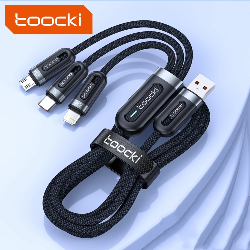 

Toocki 2024 3-in-1 Speed Charging 6A Super Fast Charging 1.2M usb Cable for type c micro usb android phones