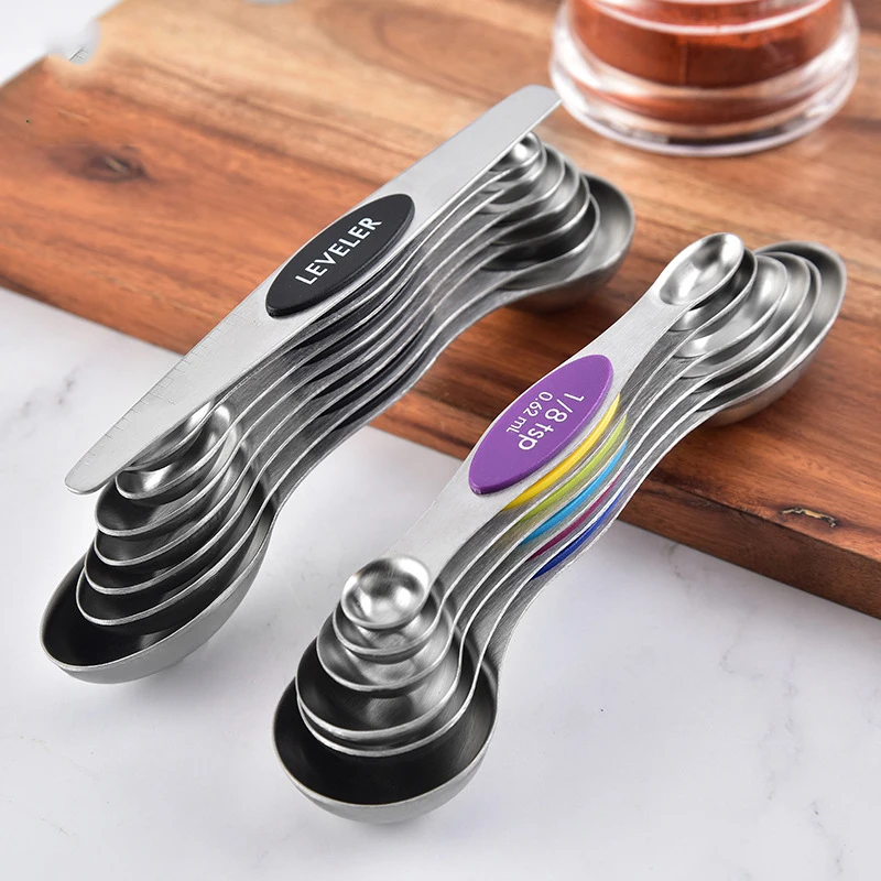 

Amazon Hot Sell Stainless Steel Double Hand Magnetic Attraction Measuring Spoons Sets For Kitchen, Silver