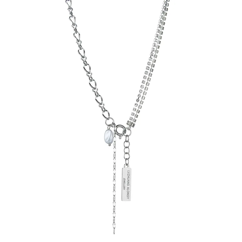 

Short Pearl Necklace Cold Wind Clavicle Chain Hip Hop Square Double Diamond Necklace