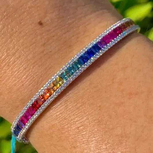 

Hip Hop Icy Colorful CZ Cuff Bangle Engagement Jewelry White Gold Rainbow Sapphire Diamond Baguette Bangle Bracelet For Women