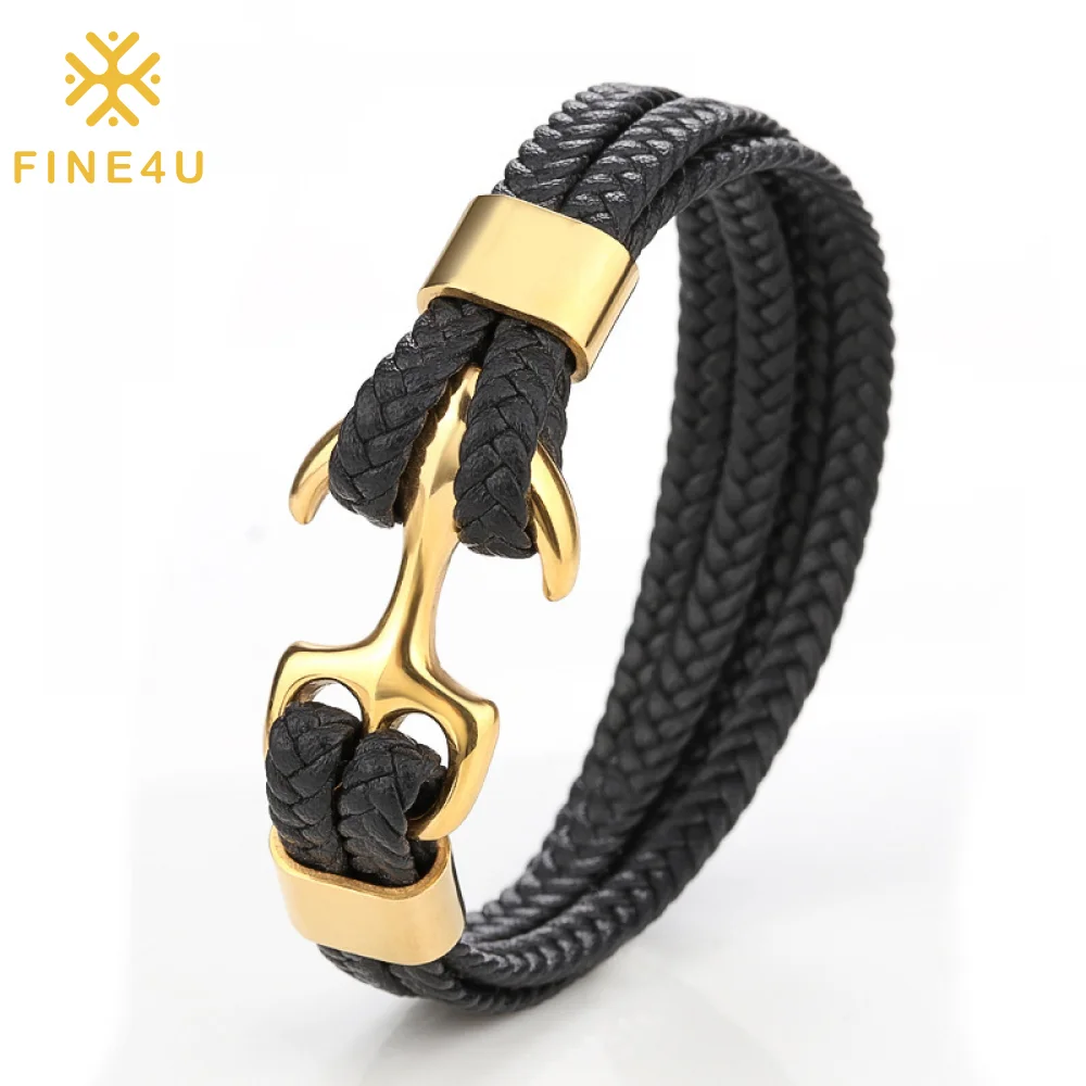 

Men Fashion Trendy Jewelry Braided Rope Multi Layer Stainless Steel Anchor Clasp Luxury Leather Bracelet