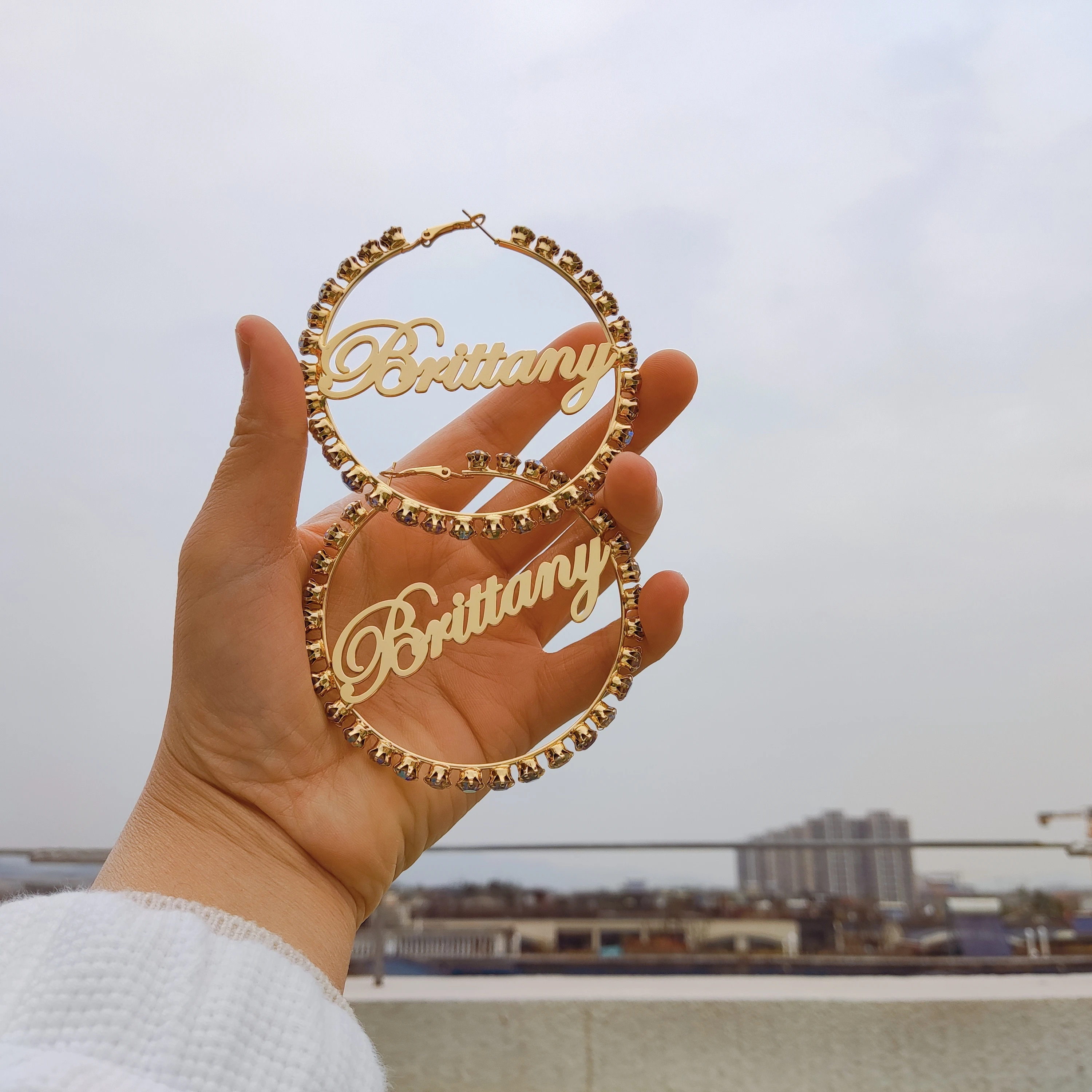 

New Product Gold Hoop Earrings Nameplate Custom Hoop Crystal Name Colored Diamonds Earrings for women, 3 colors