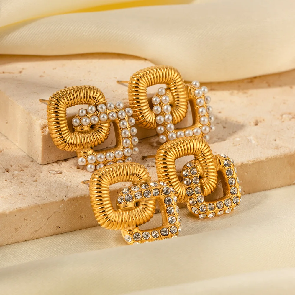 

European American Trend New Jewelry 18k Gold Stainless Steel Diamond Stud Earrings Inlaid Zircon Pearl Charm Non Fading Earring