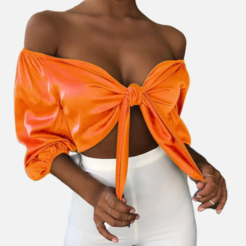 

Candice new fashion boutique solid color mid-sleeve vest strapless bow V-neck blouse crop puff sleeve women satin tops sexy