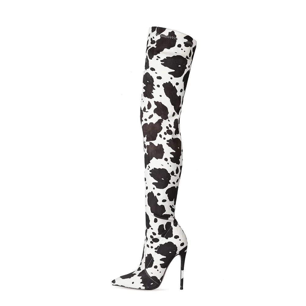 

Western Skintight Cow Print Women Over Knee High Boots Thigh High Side Zip Boots for Women Big Size 45 Thin Heel Long Booties, Black,brown