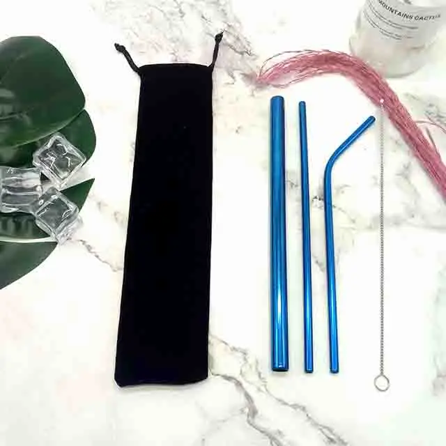 

Stainless Steel 304 Black Velvet bag Bent Straight Drinking Straw Set, Silver,gold,rose gold,black,rainbow,purple,blue,pink,green,red