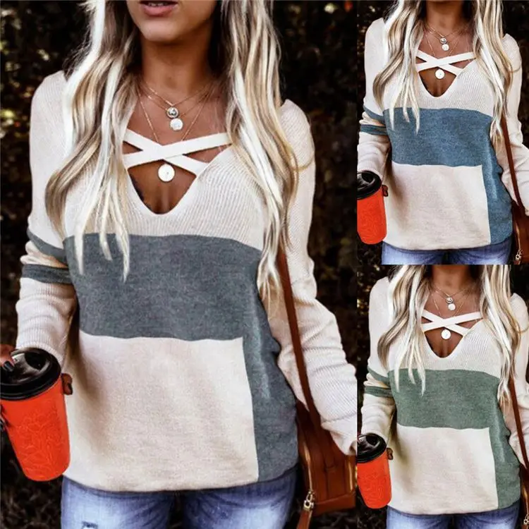 

New Style Spring Autumn Long Sleeve V Neck Contrasting Color Knitted Top Women Casual Loose Sweater Women