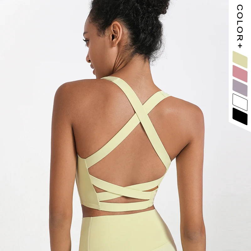 

2021 Customized Logo Printing high impact quality adjustable wireless sports bra, Yellow/rose/grey purple/white/black