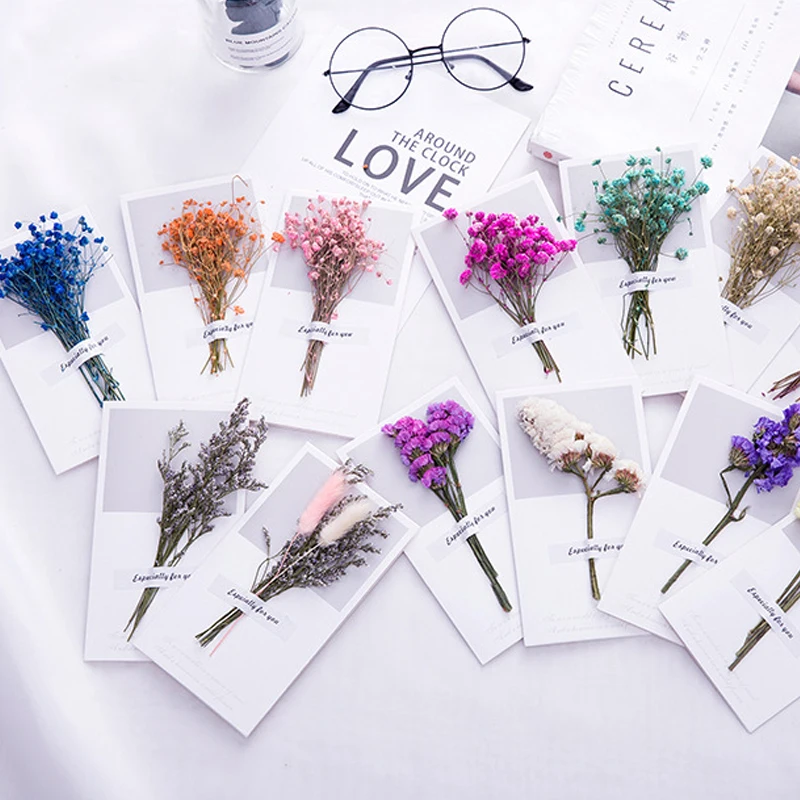 
10pcs Gypsophila Dried Flowers Handwritten Blessing Greeting Card Birthday Gift Card Wedding Invitations Use Celebration Party 