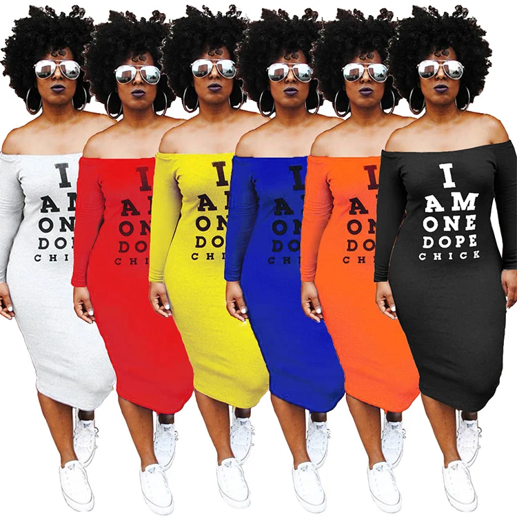 

2021 New Sexy Casual Elastic Off Shoulder Short Sleeve Knee Length Letter Printed Women Bodycon Wrap Dress, Shown