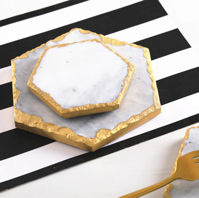 

Hexagon Tableware White Marble Tray Marble hot Plates for Food with golden edge, Light grey, green