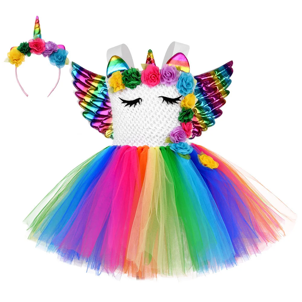 

Summer Birthday Theme Kids Party Costume Clothing Tulle Sequin Unicorn Fluffy Girl Tutu Dress With Wing, As picture shows