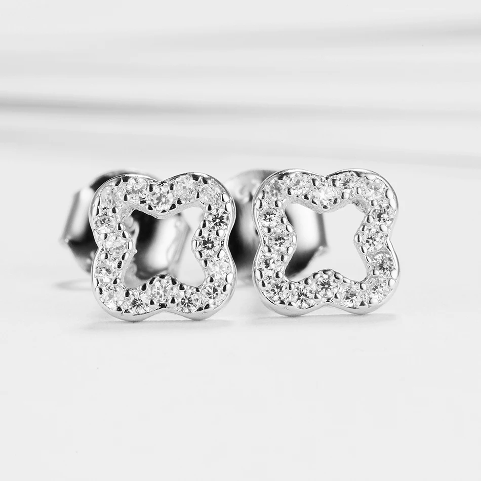 

Simple Design 100% 925 Sterling Silver Lucky Clover Earrings Cubic Zirconia Stud Earrings For Women Fashion Jewelry Gift