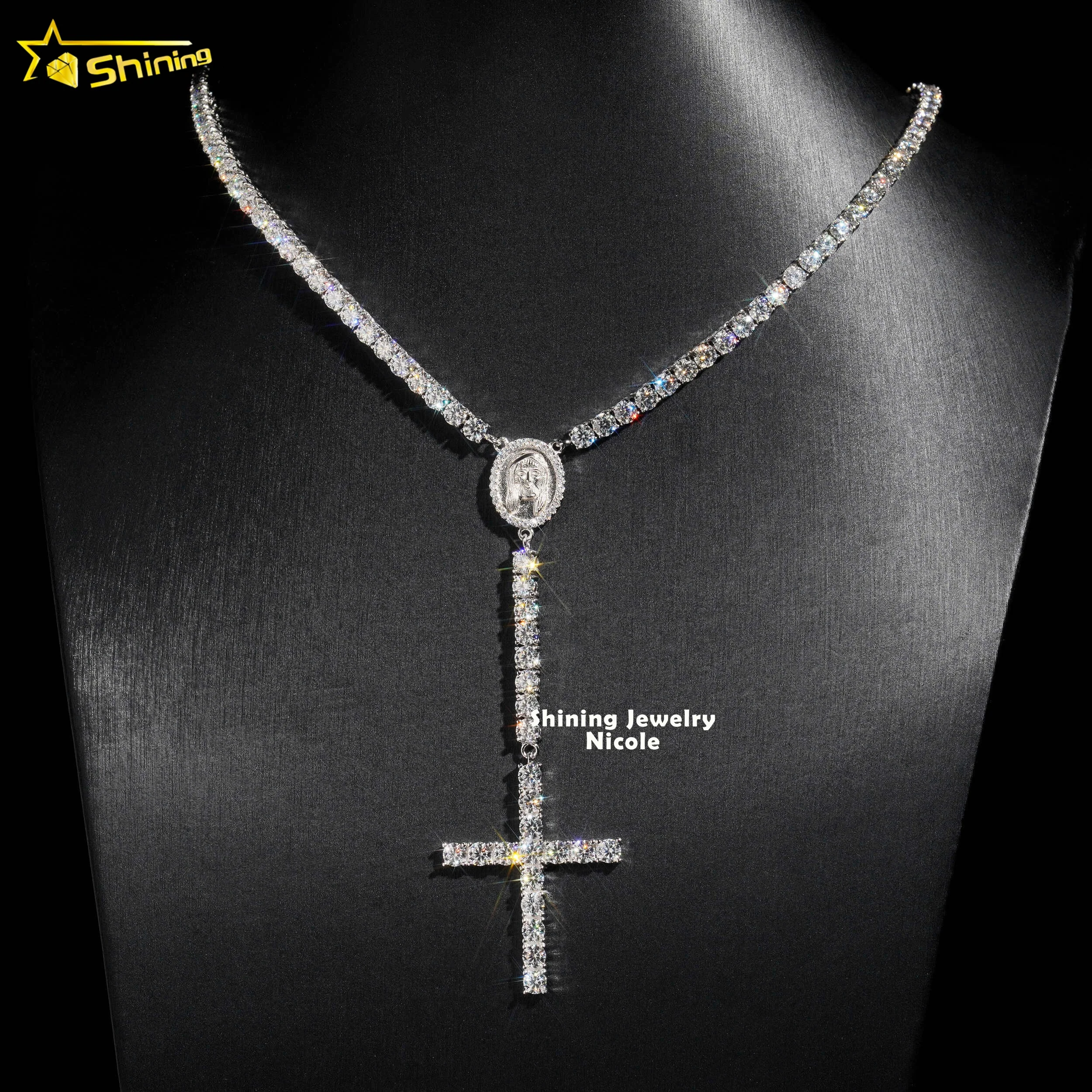 

Hip Hop Fashion Trendy D VVS Moissanite Diamond 4MM Rosary Chain Cross Necklace 925 Silver Tennis Chain