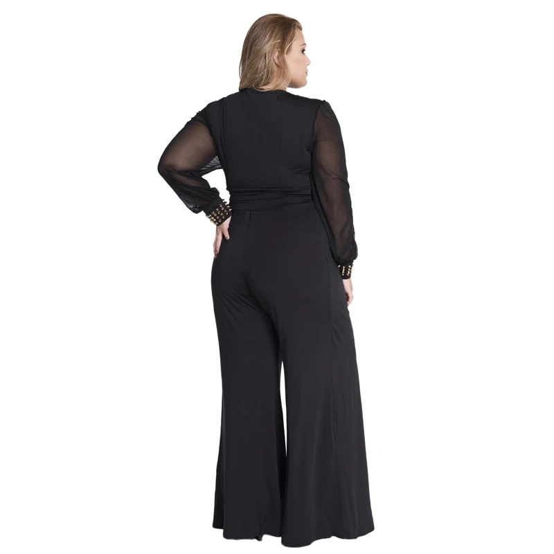 
Wholesale Black Embellished Cuffs Long Mesh Sleeves Woman Jumpsuit 2020 