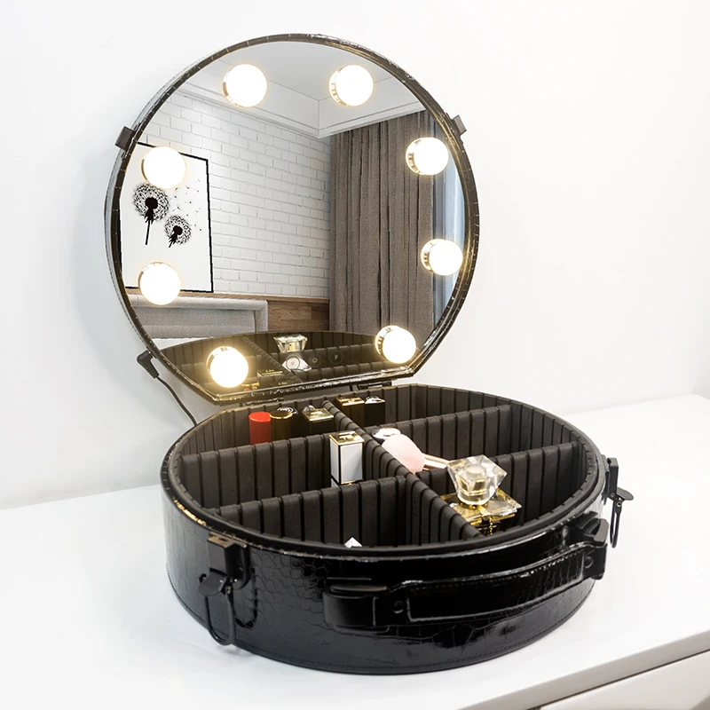 

Private Custom Round Cosmetic Train Makeup Box Case with Led Light and Mirror