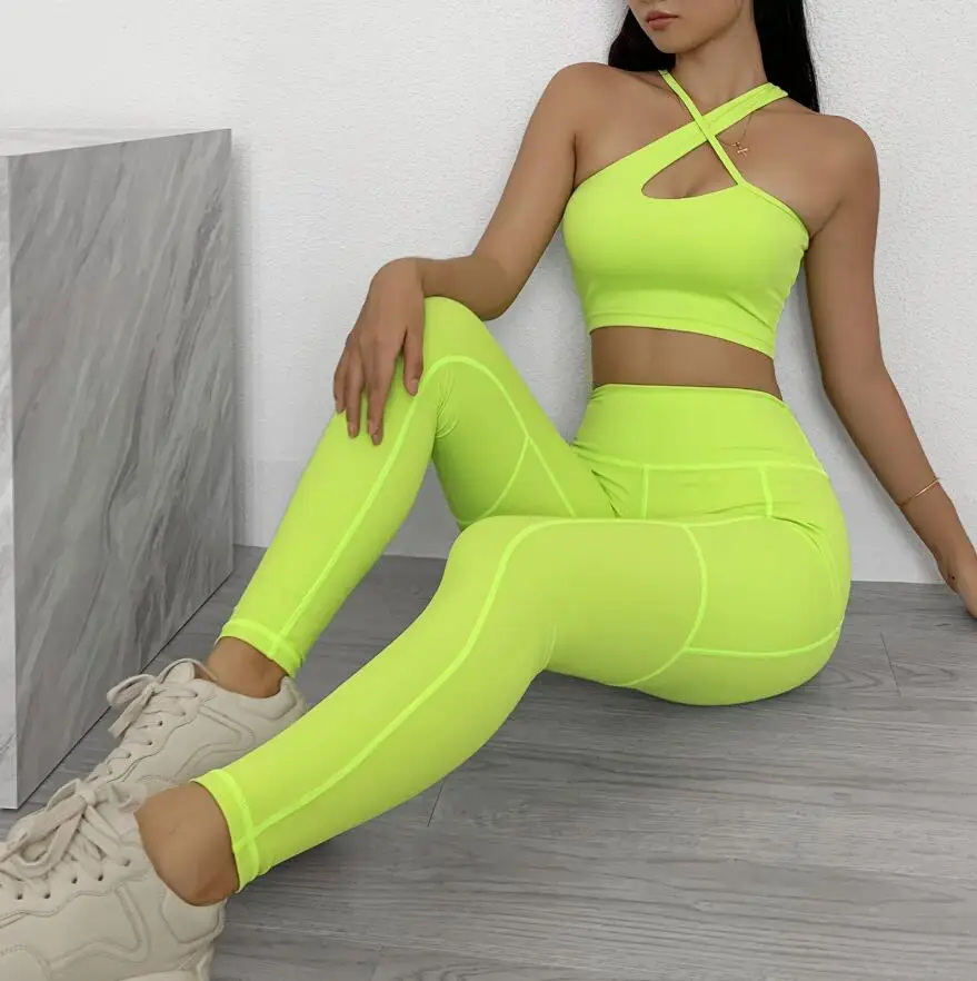 

women gym wear sets Deep Pockets Scrunchy Butt Lifting Leggings and One Shoulder Sports Bra Tops, Black,green,blue,fluorescent yellow, or custom colors