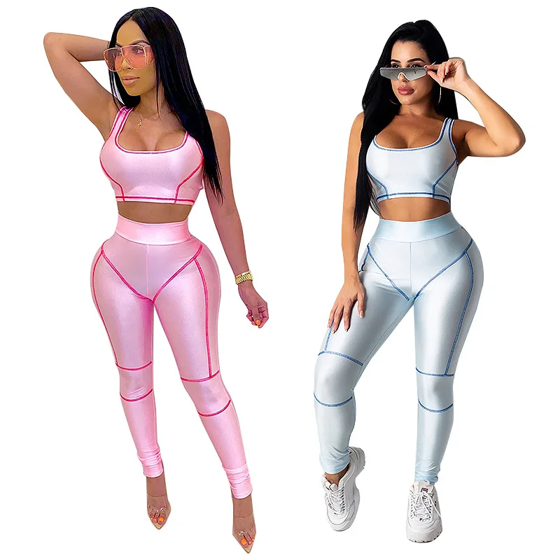 

New Fashion Style Workout Leggings For Women Side Color Sportswear Bodycon Yoga Two Piece Sets Wholesale