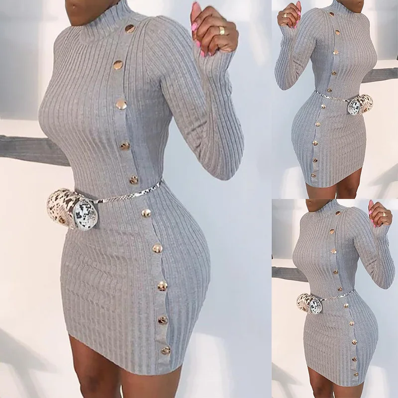 

BN-9439 Sexy Woman Clothing Bodycon Long Sleeve Dress Solid Color Fall Clothing For Women