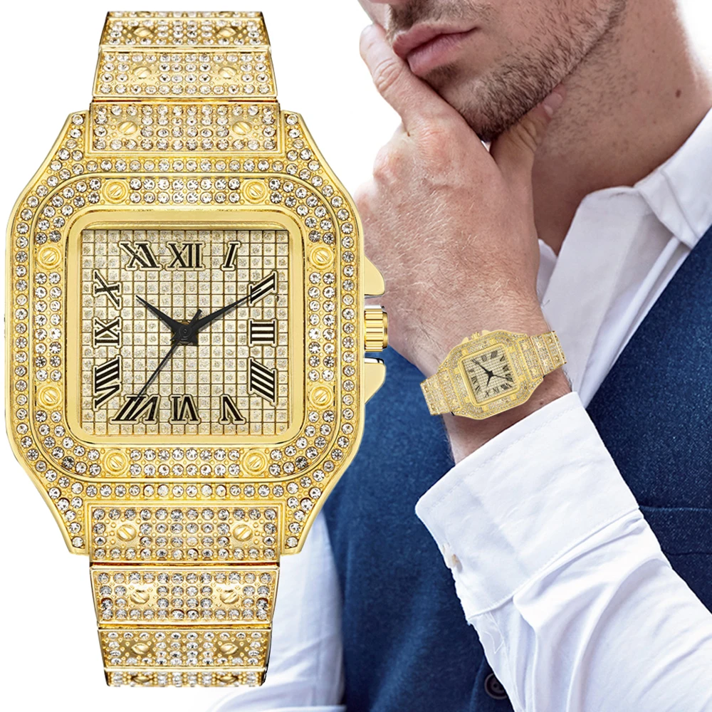 

7019 Fashion diamond watches men Luxury gold diamond watch Casual men's Bracelet watch crystal