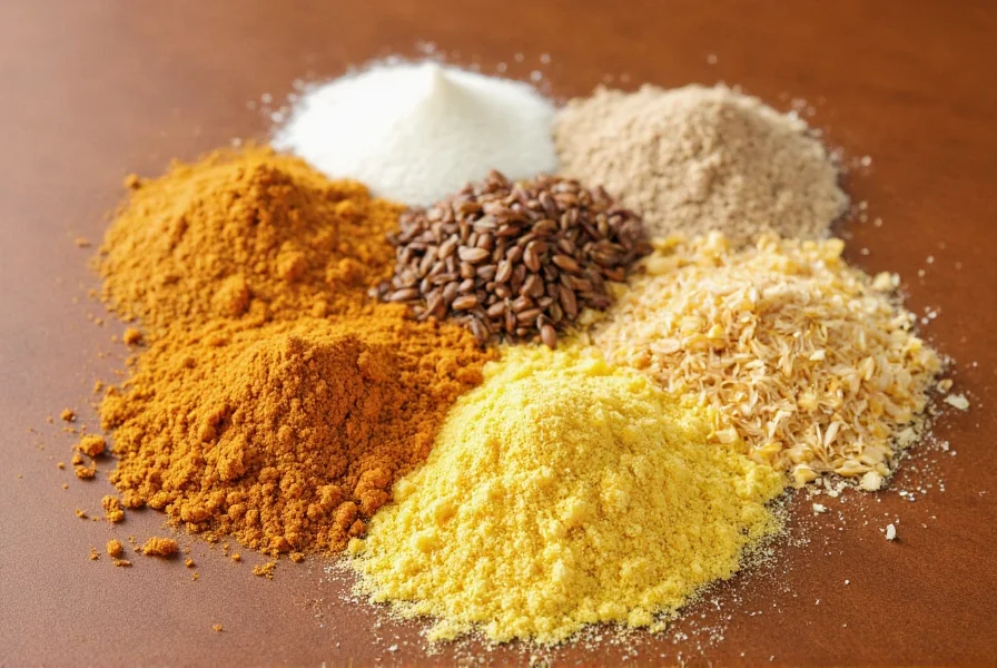 Close-up of various asafoetida substitutes including garlic powder, onion powder, and fenugreek seeds arranged on a wooden table