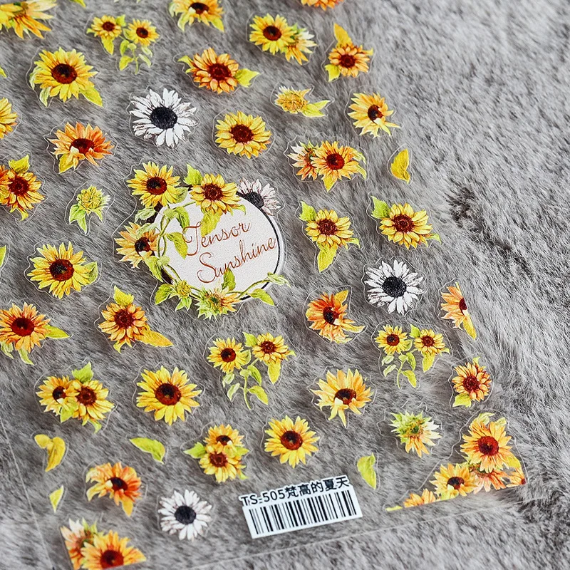 

Hot Sale Summer Stickers Color 5D Sunflower Daisy Prosperous Flower Series Nail Sticker, 5d embossed nail art sticker