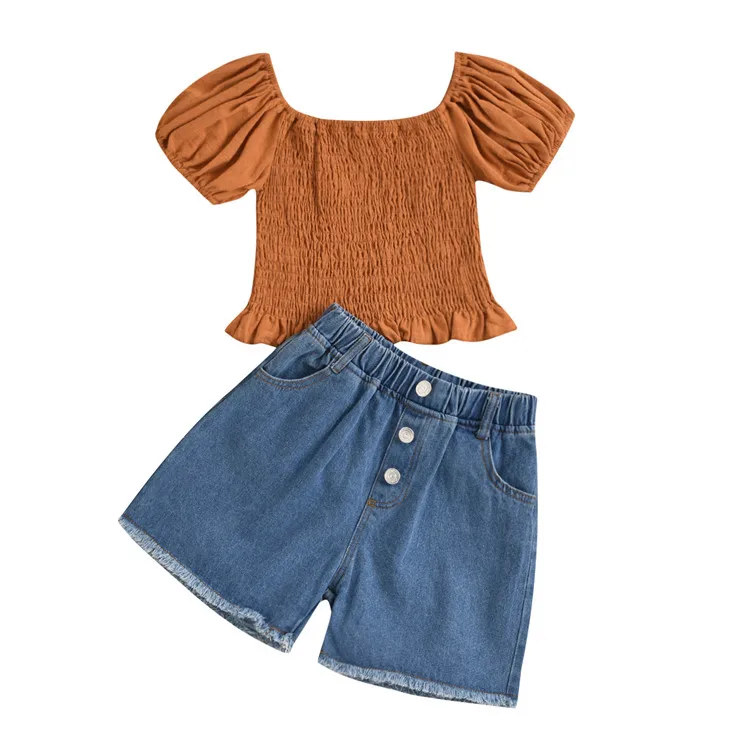 

New Style Baby Girl Clothes Set Summer Kids Clothing Casual Kids Lantern Sleeve Top Short Jeans Suit 2 Piece Outfits, Brown