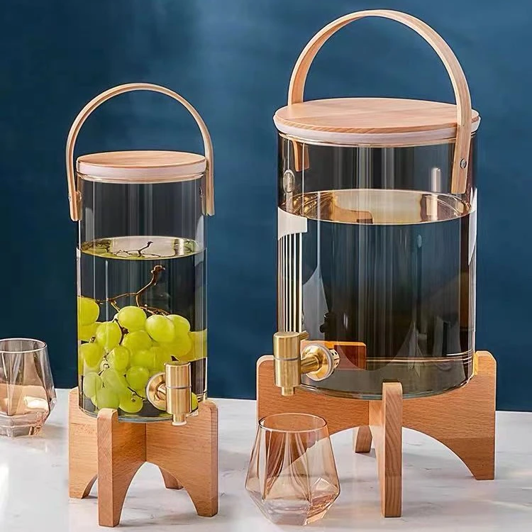 

Bamboo Lid and Base Sealed Beer Beverage Glass Juice Jar Bucket Barrel with Faucet Wooden Holder