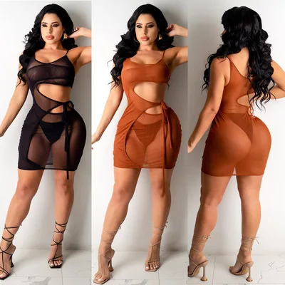 

See Through Sling Tight Fitting Straps Stretch Mesh Club Dresses Women Sexy Plus Size Dress Nighty Clubs With Panties, Customized color