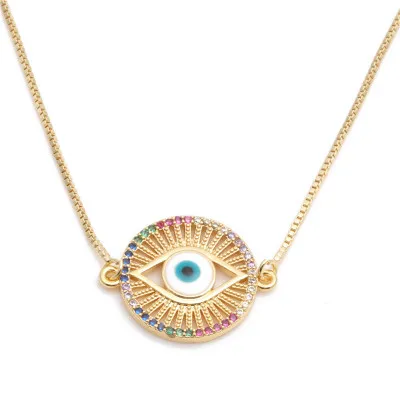 

Trendy Gold Plated Round Rainbow Crystal Paved Evil Eyes Pendant Necklace Circle Colorful Turkish CZ Evil Eyes Necklace