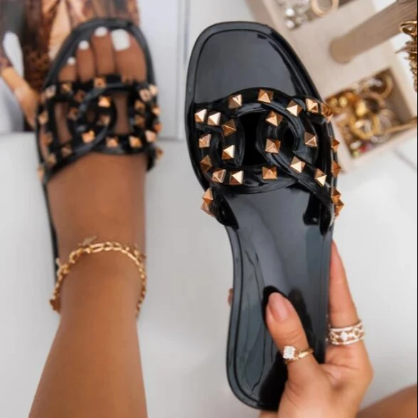 

Summer Hot Sale Flat women shoes Spike Slides for Women and Ladies Fashion Casual Soft flip flops Rivet Sandals, Black, brown, yellow