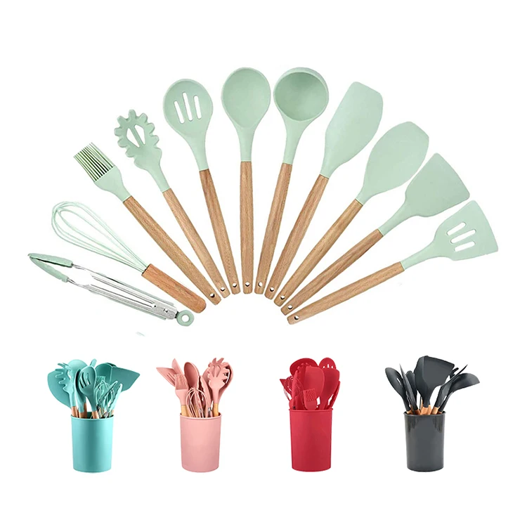 

Amazon Colorful Food-grade Utensilios De Cocina 11 piece wooden handle silicone kitchen utensils set with holder, Sky blue pink gray or custom