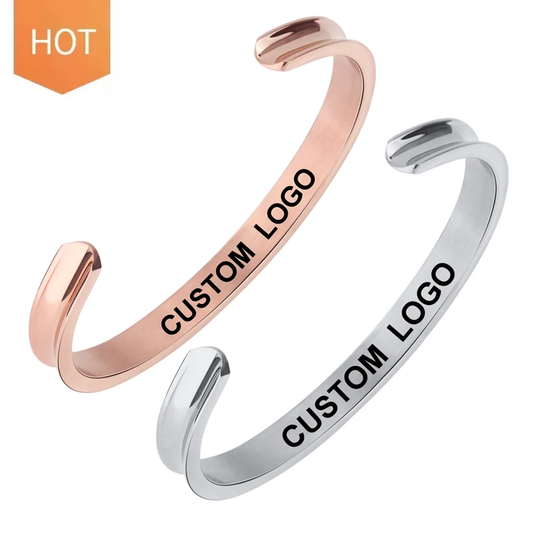 

Custom Brand Name Personalized Letter Jewelry Engraved Rose Gold Plated Explosions C-shaped Stainless Steel Open Cuff Bracelet