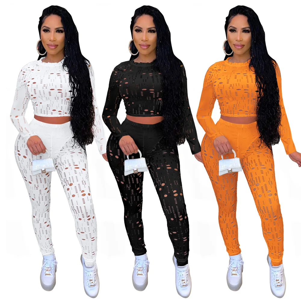 

GX8103A Fall Women Casual Sports pants Suit hollow out Top And Pants Trousers sexy 2 Piece Set Outfits ladies fitness sets, Picture