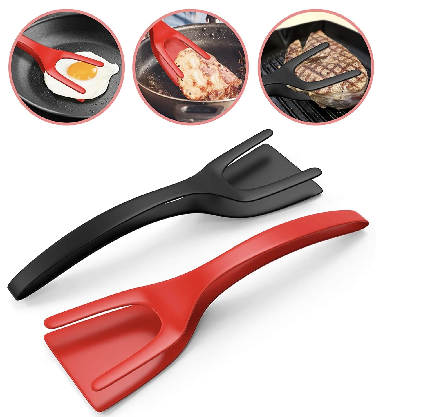 

2 In 1 Egg Grip And Flip Tongs Egg Spatula Tongs Clamp Pancake Fried Egg French Toast Omelet Overturned Kitchen Cooking Tool, Black , red