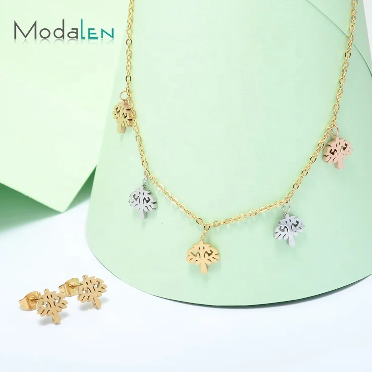 

Modalen Minimalism Cute Tree Life Choker Necklace Stainless Jewelry Set, Gold/sliver