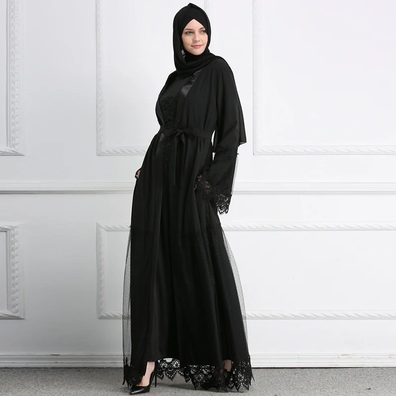 

Hot Soft crepe abaya Muslim woman fashion black lace abaya exquisite Islamic clothing with Stitch Flower loose abaya, 1 colors
