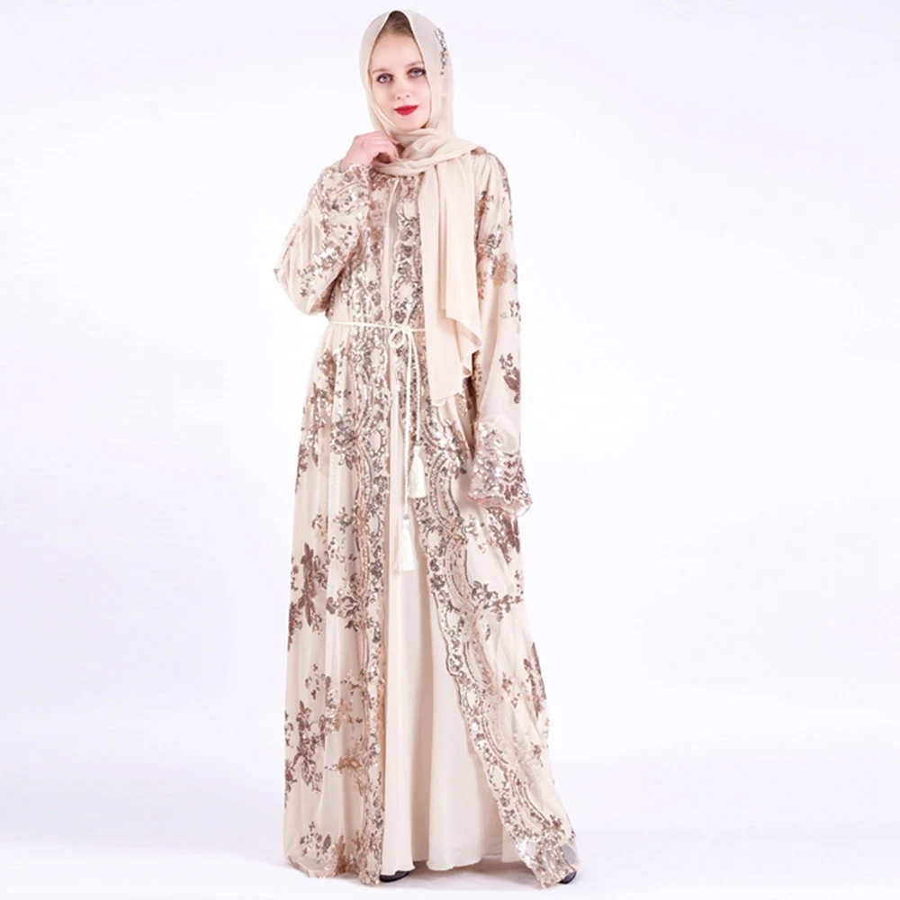 

2021 New Long Sleeve Solid Color embroidery lace mesh Big Veils Dress For Muslim Women, 6 colors mix