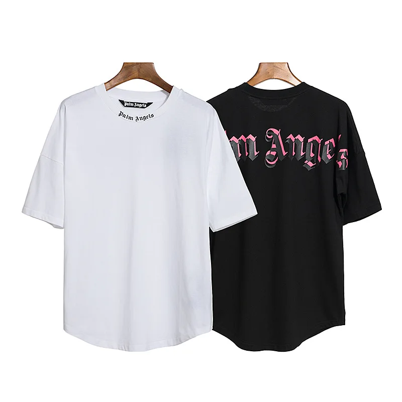 

New Arrival Palm Angels Women and Men Tshirts Letter Printing Crewneck Double Logo Oversized T shirt, White&black