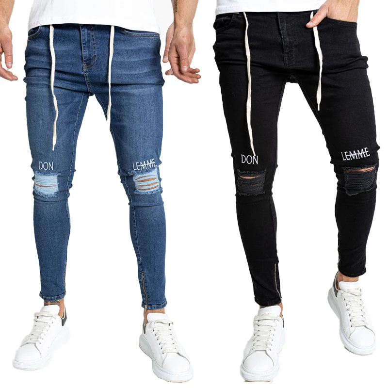 

Wholesale mens slim fit skinny trousers washed ripped denim pants men's jeans for man, Black,dark blue